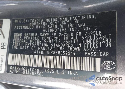 2014 Toyota Camry L/Se/Le/Xle from USA, damaged, VIN 4T4BF1FK8ER352914